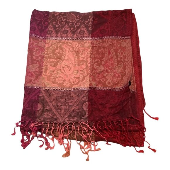 Pashmina Multicolor Rectangle Scarf W/ Fringed Ends & Intricate Floral Patterns - Picture 7 of 9